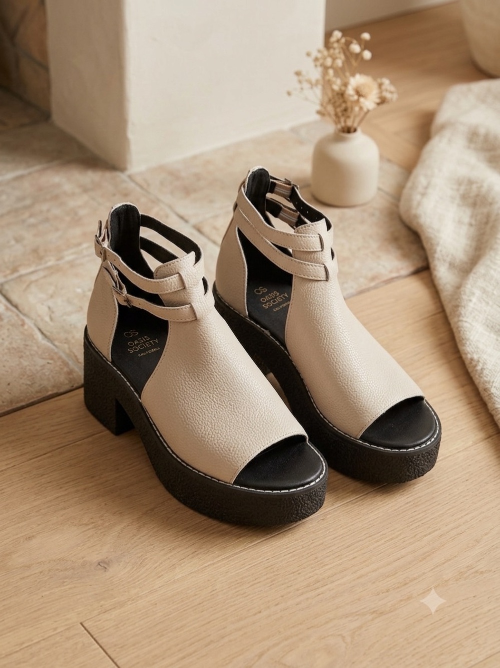 Beige Platform Peep-Toe Ankle Sandals - Women